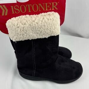 NWT Isotoner Black Ankle Slipper Boots with Cream Color Lining, Size 6.5-7